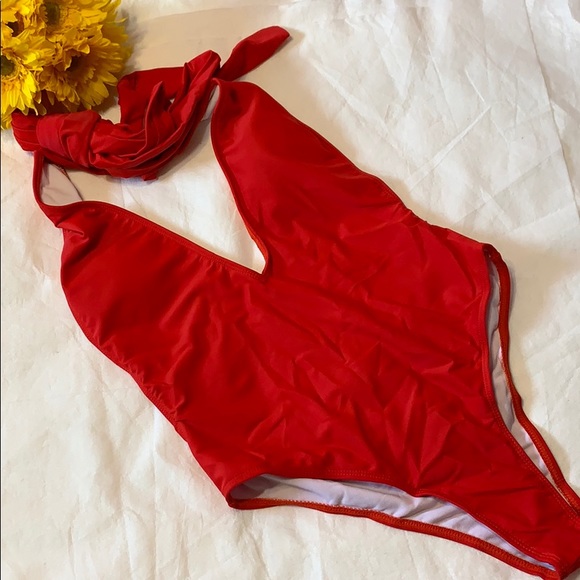 Red Lined Plunging Neckline One Piece Criss Cross Swimsuit New - Picture 7 of 10